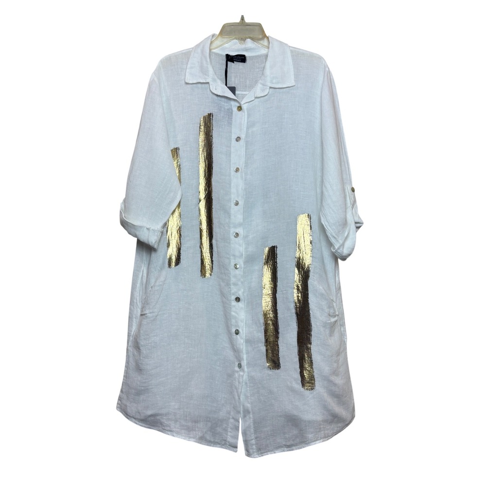 Linen‎ Tunic Shirt Womens S/M White Gold Foil Made Italy Lagenlook NWT Coastal